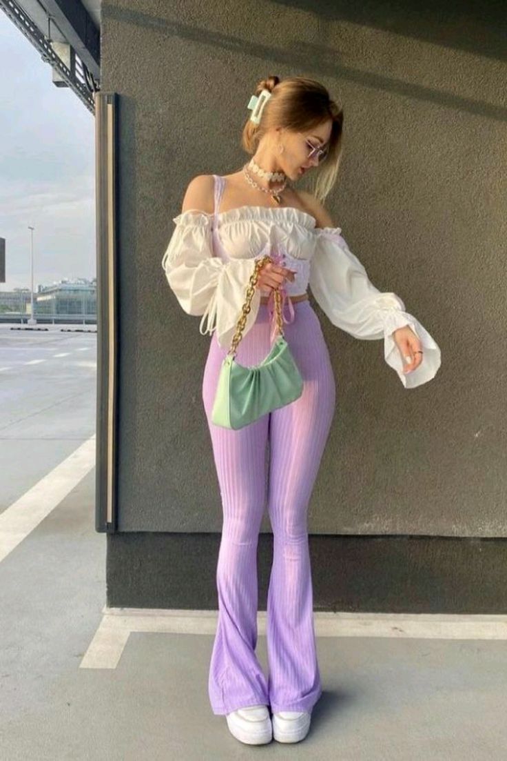 White Off-Shoulder Top with Lilac Flare Leggings 